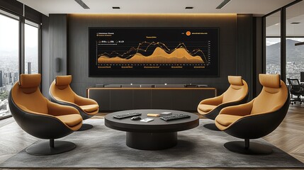 Modern office lounge area with chairs and a screen displaying data graphs.