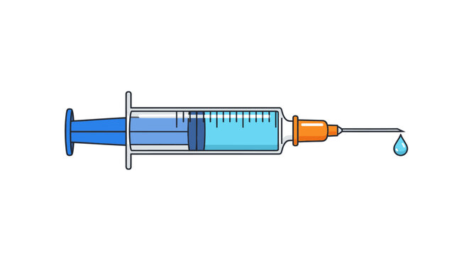 A blue vaccine syringe with a clear liquid, is ready for injection, the concept of medical vector illustration, injection treatment and health care