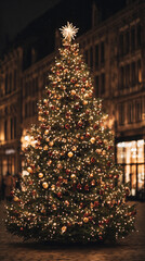 A beautifully decorated Christmas tree with golden lights in a classic European city square at night