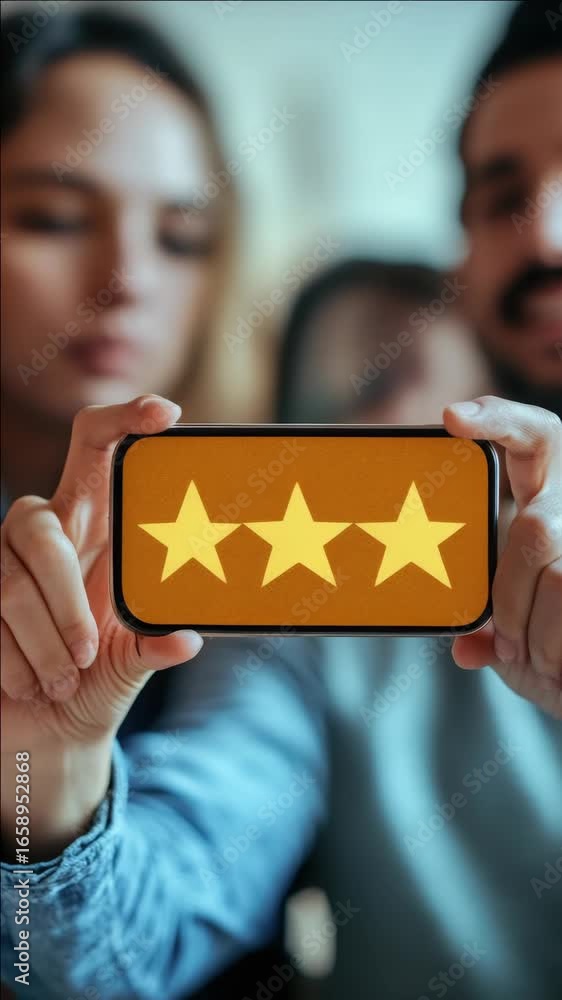 Poster friends showing their approval of an app by holding a smartphone with five stars rating on it. conce