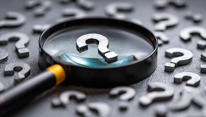 Magnifying glass focusing on a question mark surrounded by many more