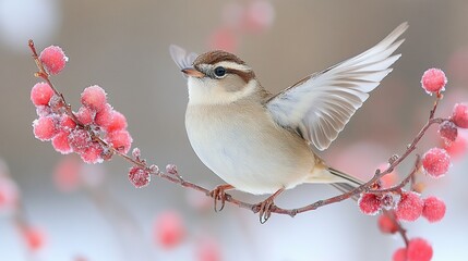 Bird perched on a branch with pink berries in a soft winter setting.