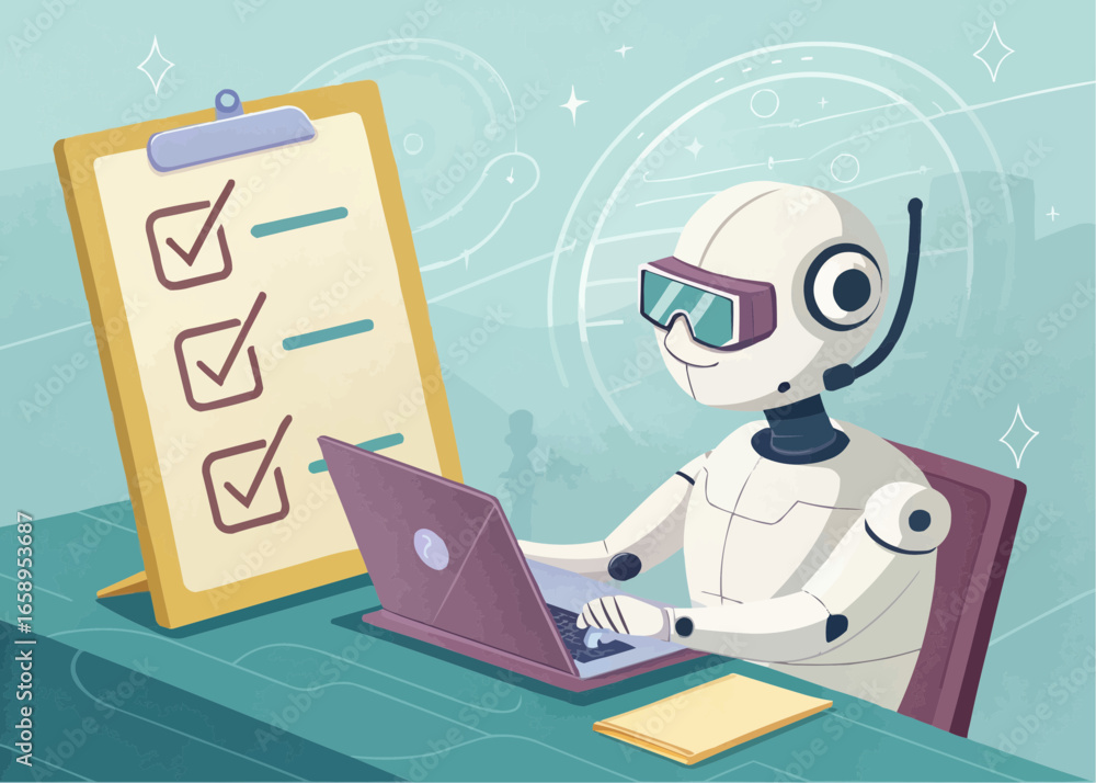 Poster a cartoon robot working at a desk with a laptop and a clipboard with checkmarks on a light blue back