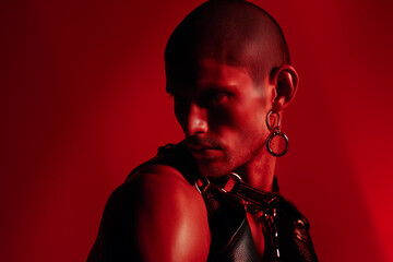 Edgy Male Model in Leather Harness with Red Dramatic Lighting