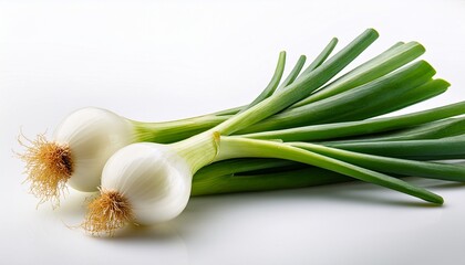 Obraz premium fresh green onions with white bulbs isolated against a white background for healthy recipes