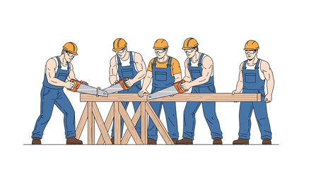 Skilled carpenters collaboratively sawing lumber on wooden supports precisely
