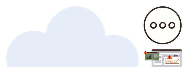 Large cloud shape, data graphs with alert markers, three-dot menu icon symbolizing storage, monitoring, analytics. Ideal for cloud computing, data visualization, security, IT management software