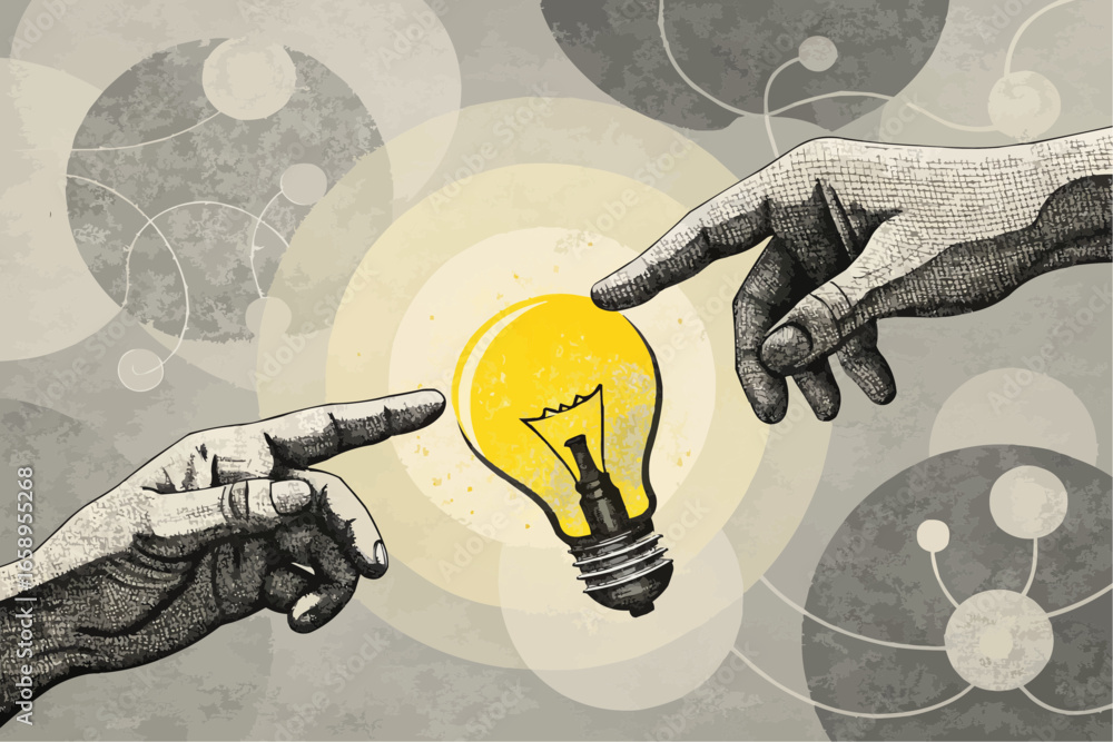 Poster two hands reaching towards a glowing light bulb with a textured background and circular patterns aro