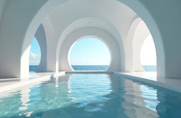 Minimalist architecture featuring round arches and window overlooking ocean. Serene swimming pool reflects light blue sky and calm sea, creating tranquil, modern aesthetic with clean lines.
