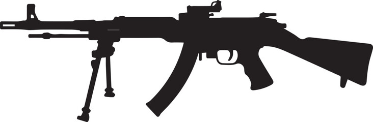 editable vector silhouette of heavy machine gun with tripod style bipod for assault combat tactical projects