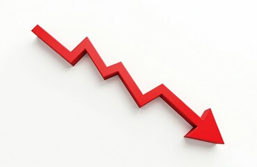 Red zigzag arrow illustration shows financial decline with clear downward trend. Symbol represents economic recession, market crash, investment loss. Ideal for presentations on finance, business