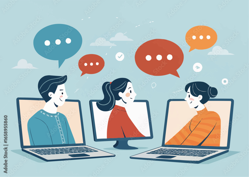 Poster people communicating through laptops with speech bubbles in a virtual meeting setting online connect