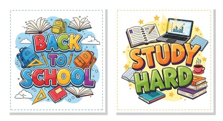Naklejka premium Cheerful back to school and study hard illustration collection design.