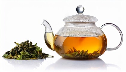herbal tea served in a transparent glass teapot isolated over white backgound ready for breakfast or tea ceremony high quality