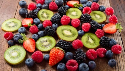 Obraz premium assorted fresh berries and kiwi slices top view