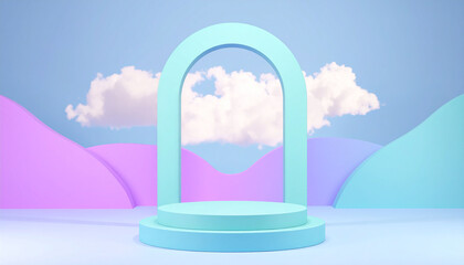 3D rendering illustration exhibition background, blue stage with soft lighting, cloud as the background