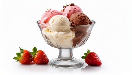 ice cream sundae in a glass bowl with scoops of vanilla chocolate and strawberry ice cream isolated on white background