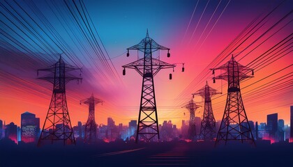 vibrant twilight cityscape with electrical tower silhouette