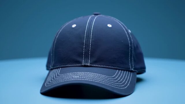 Close up shot of a navy blue baseball cap with white stitching on a blue background studio shot