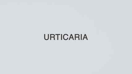 Urticaria concept word hand holding stethoscope on white background for allergy monitoring, diagnosis, treatment, prevention, wellness, and skin health awareness