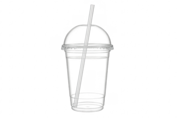 Transparent plastic cup with dome lid and straw on transparent background