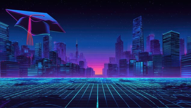 Futuristic cityscape at night with graduation cap