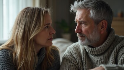 Concerned couple in sweaters engage in serious conversation indoors. Scene captures moment of intense dialogue, discussion, emotional consideration within relationship. Dressed casually in winter