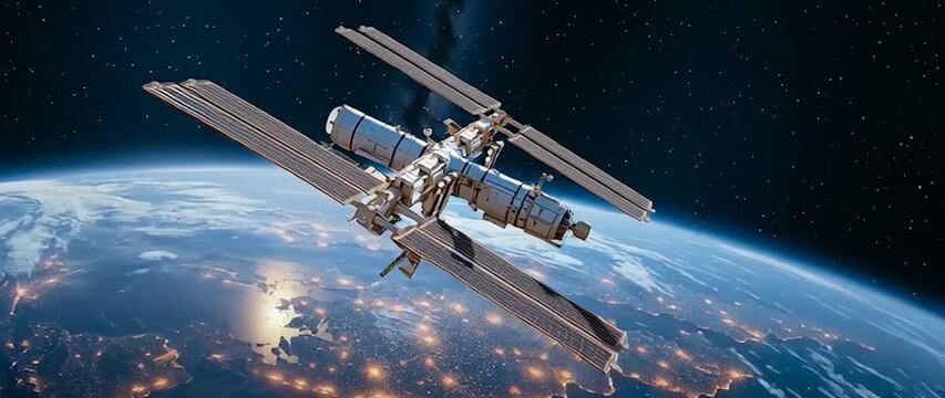 Anamorphic video Satellite in Orbit Over a City-Lit Earth. Perfect for technology, science, data, and the future.