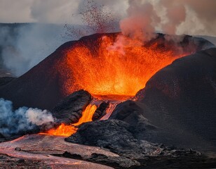 fiery lava flows from volcanic eruption creating dramatic scene with thick smoke and dark clouds intense heat and energy evoke sense of awe and danger