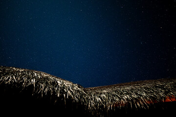 stars in the sky over a thatch roof in the Maldives