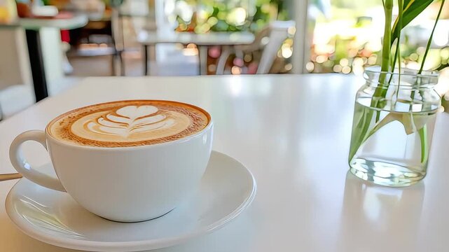 A cup of cappuccino with latte art sits on a white table next to a vase of flowers in a bright, airy cafe setting.