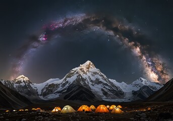 Night View of Mount Everest with Milky Way and Glowing Climber Tents © Abdullah
