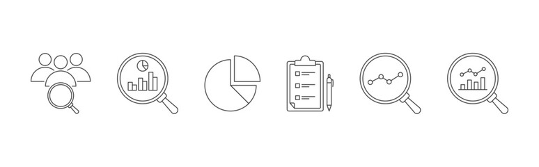 Market Research vector icon set with customer research, competitive analysis, market segmentation, survey, analysis and evaluation icon concept illustration