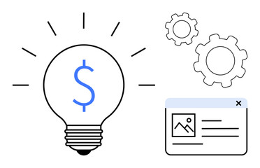 Light bulb with dollar symbol, two gears, and a webpage interface. Ideal for innovation, entrepreneurship, e-commerce, financial planning, technology, design thinking simple landing page