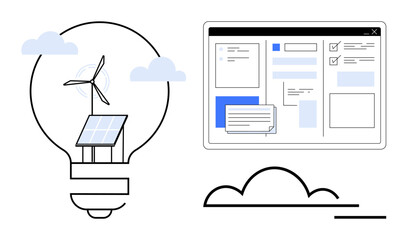 Solar panel, wind turbine in light bulb, cloud, digital dashboard with charts and notes. Ideal for sustainability, clean energy, technology, innovation, environment renewable resources