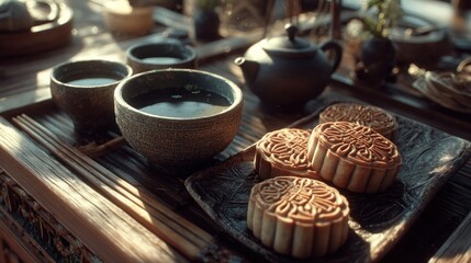 Elegant tea ceremony with traditional mooncakes and rustic earthenware