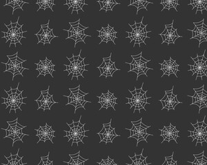 Pattern of white spiderweb silhouettes. Isolated black background. Halloween design. Vector illustration in flat style.