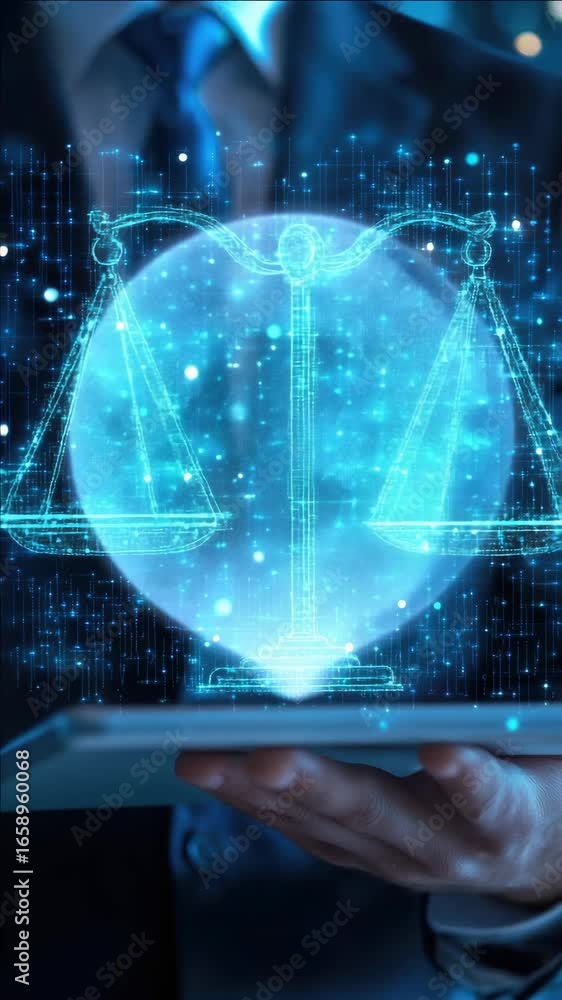 Poster a hand holds a tablet showing a judge's scale with digital icons, symbolizing the application of law