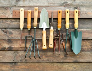 Garden tools on wooden wall