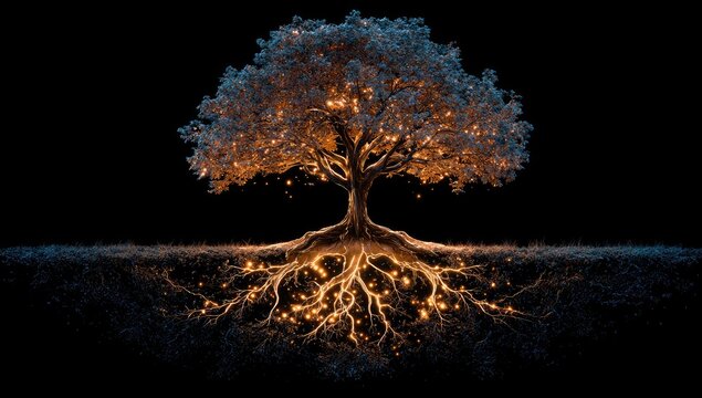 Illuminated tree of life, glowing roots