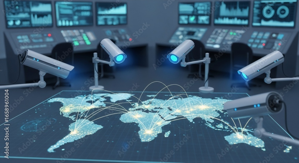 Aufkleber surveillance cameras monitoring a glowing world map with network connections. global security and da