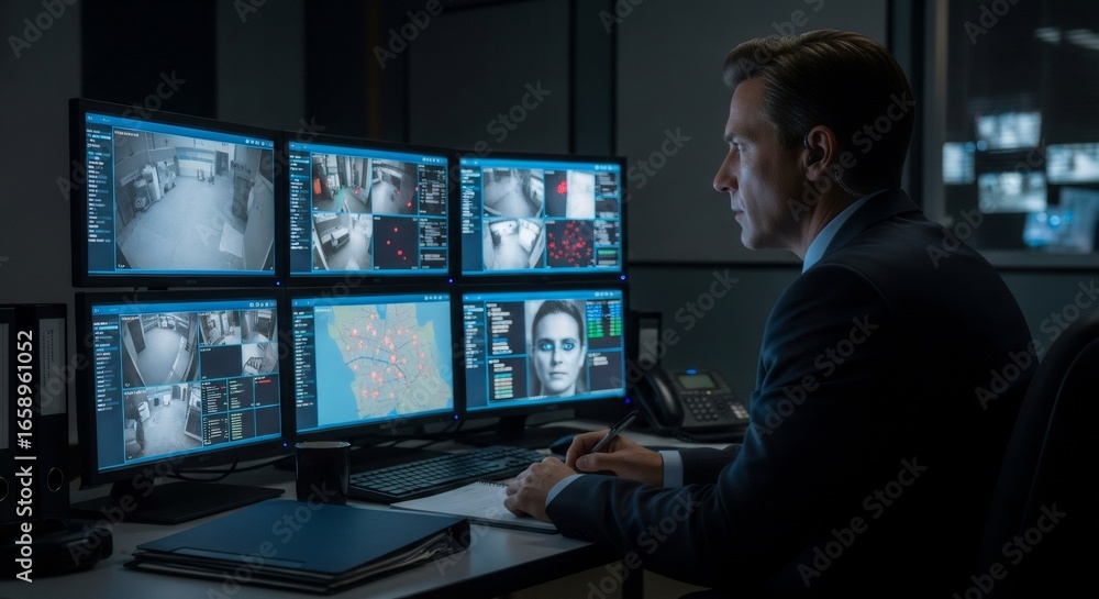 Poster a man security analyst monitoring cctv footage on multiple computer screens in a dark control room, 
