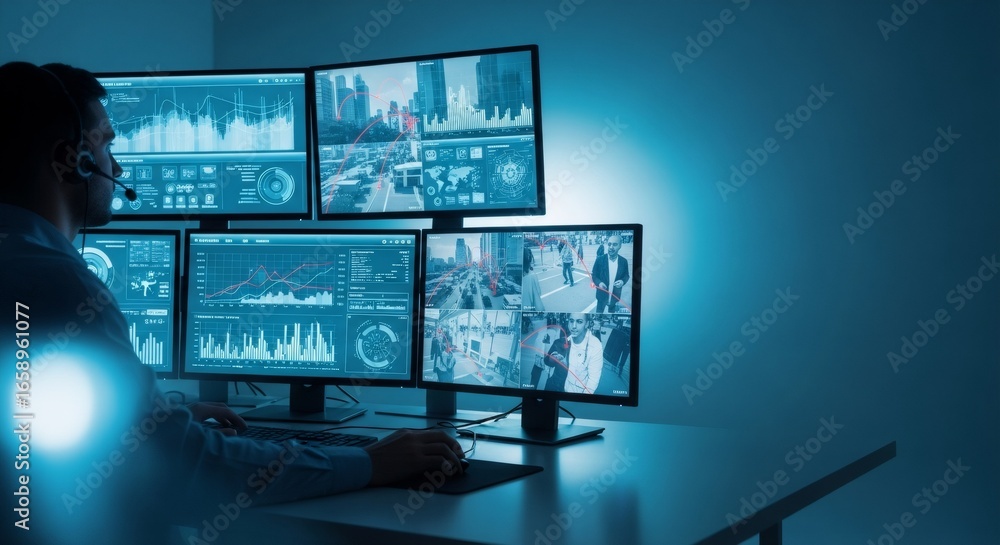 Poster man watching multiple security monitors in control room. surveillance footage background. concept of