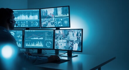 Man watching multiple security monitors in control room. Surveillance footage background. Concept of data monitoring and control.