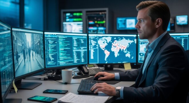 Caucasian man working on computer in security data center. Monitoring digital information and global network traffic for cyber security.