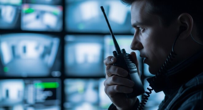 Male security officer communicating via walkie-talkie at control room. Surveillance concept for safety and protection.