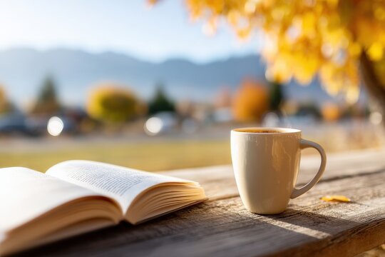 Open book and steaming coffee cup on wooden table in autumn golden hour light with blurred background - Powered by Adobe