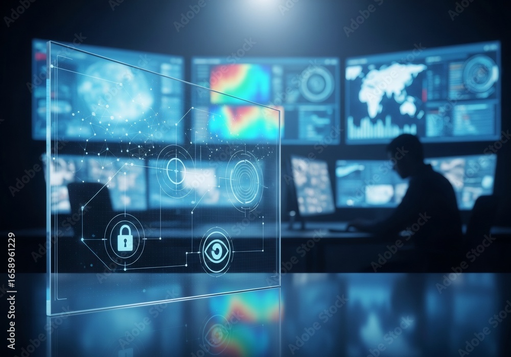 Poster transparent glass screen for digital data cybersecurity concept. visual representation of protection