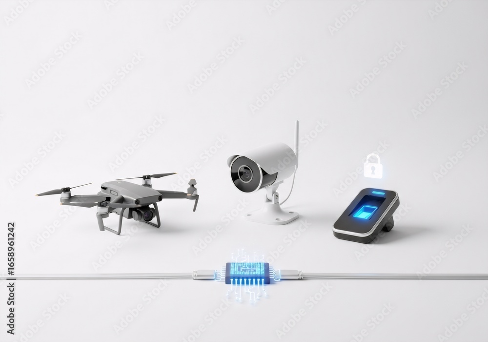 Poster drone, security camera, and a biometric fingerprint scanner connected by a cable with a microchip. i