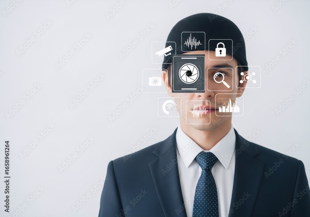 Poster man in suit with digital icons over face. cybersecurity and data protection. biometric scan and faci